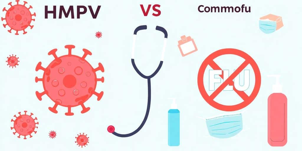 Ilustrasi virus HMPV dan flu biasa dengan langkah pencegahan.