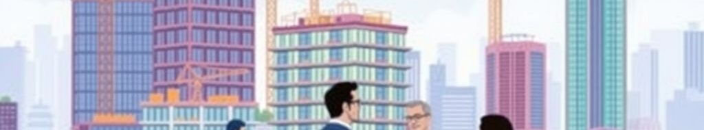 Investasi real estat dengan gedung modern dan aktivitas konstruksi.