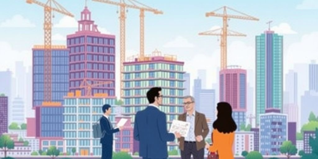 Investasi real estat dengan gedung modern dan aktivitas konstruksi.