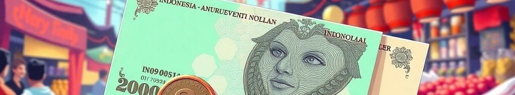 Ilustrasi mata uang Rupiah 8000 di pasar yang ramai.
