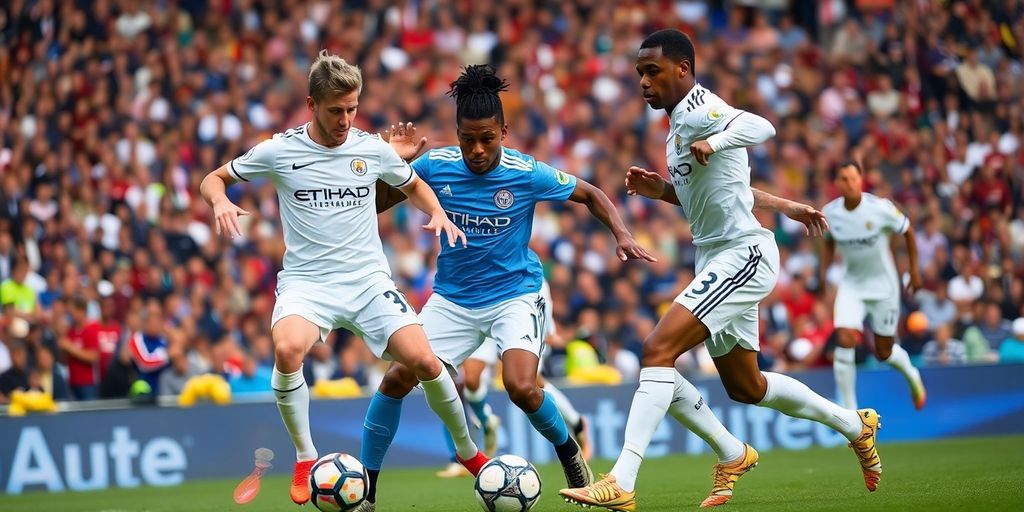 Man City vs Madrid Haaland dan Mbappe dalam aksi pertandingan sepak bola.