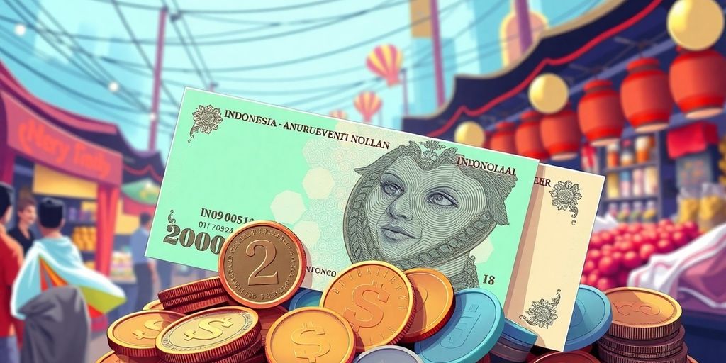 Ilustrasi mata uang Rupiah 8000 di pasar yang ramai.