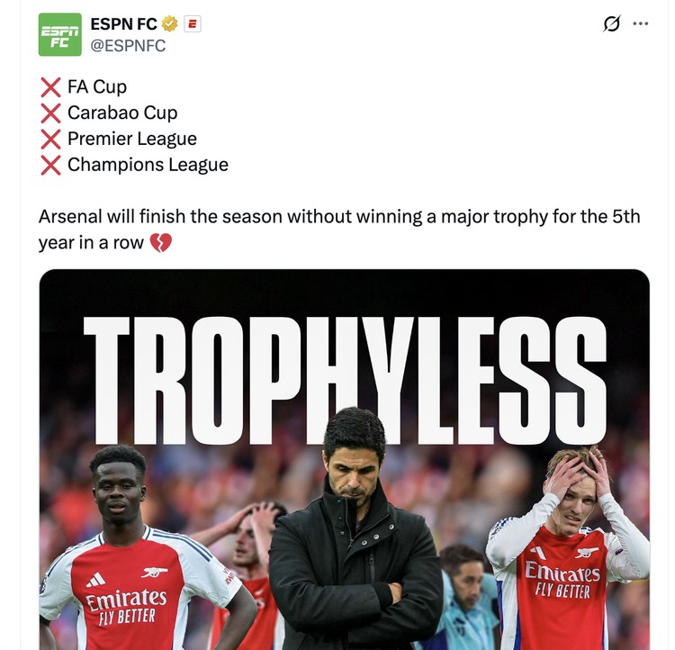 Arsenal Gagal Lagi: Derita Tanpa Trofi Berlanjut Musim Ini