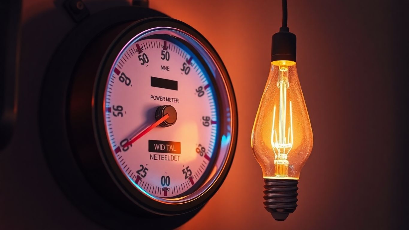 Gambar meter listrik diskon 50% dengan lampu hemat energi.