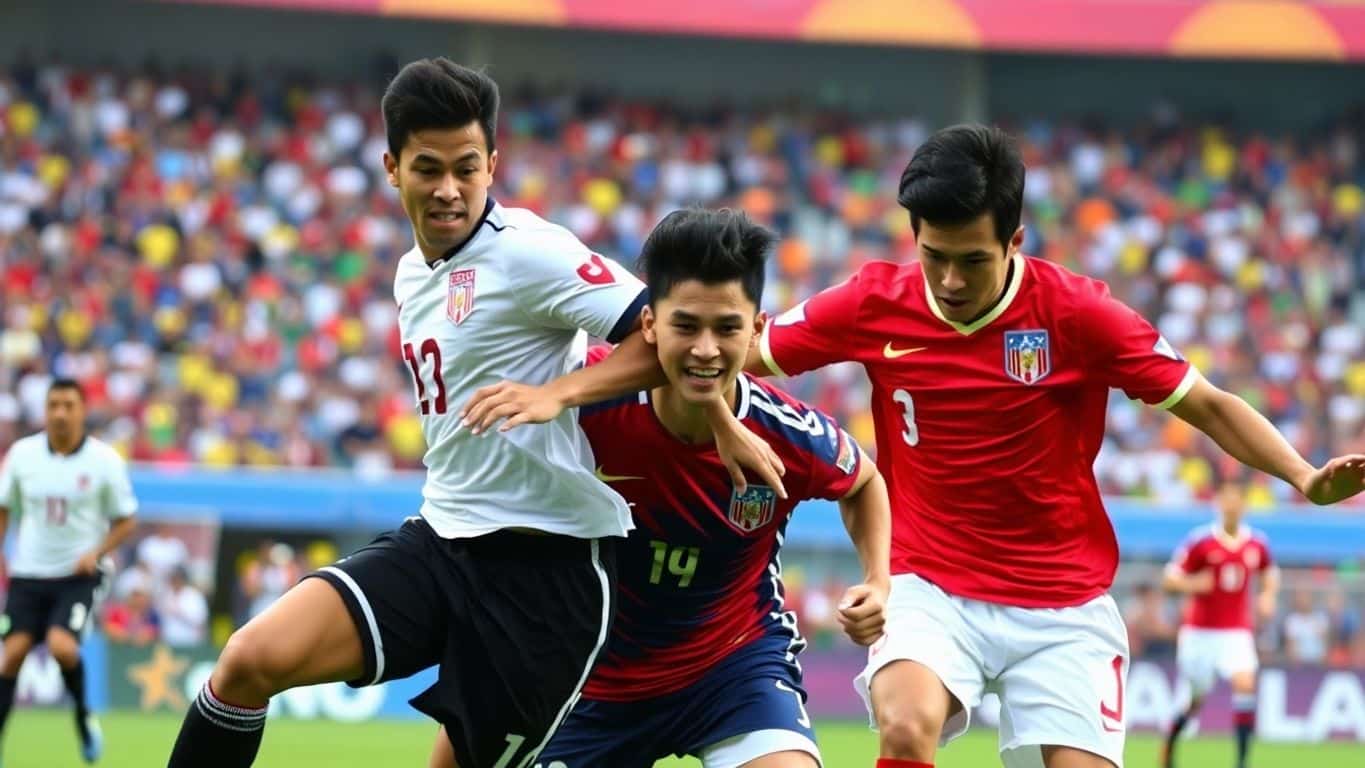 Pemain Indonesia vs Filipina bertanding di lapangan sepak bola.